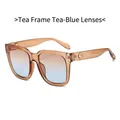 Brown transparent square sunglasses with tea-blue gradient lenses and gold temple detail - Tea Frame Tea Blue Lens