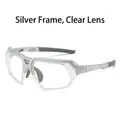 Silver matte sports cycling glasses with clear lenses and anti-slip grey temple pads - Silver Frame Clear Lenses