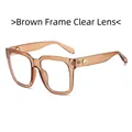 Fashionable tea-colored square sunglasses with transparent lenses and gold ring detail - Brown Frame Clear Lens Anti Blue Light