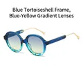 Blue tortoiseshell oval sunglasses with blue-yellow gradient lenses and gold metal temples - Blue Tortoise Frame Blue Yellow Lens (Sunglasses)