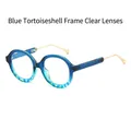 Futuristic retro sunglasses with blue tortoise shell frames and gold metal temples - Blue Tortoise Frame Clear Anti-Blue Light Lens (Optical Glasses)