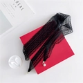 Elegant black lace long scarf featuring decorative white pearl pendant tassels - Lace Black / 6-150cm
