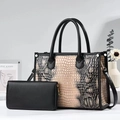 Chic two-piece women's tote and wallet set featuring snakeskin texture and black trim - Khaki