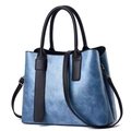 Light blue faux leather handbag for women with brown top handles and detachable strap - Blue