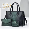 Three-piece dark green crocodile pattern handbag set with tote, pouch, and card holder - Dark Green