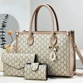 Three-piece beige tote bag set with M-pattern print and elegant pearl tassel pendant - Khaki