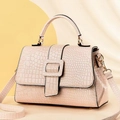 Pink crocodile pattern handbag with top handle and detachable shoulder strap for women - Khaki