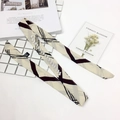 Beige narrow silk scarf with geometric patterns and silver rhinestone embellishments - Square Rhinestone Mesh