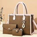 Three-piece brown tote bag set with pink trim and pearl bow charm in warm scene - Earthy Yellow and Pink
