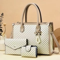 Detailed set of tote bag, wallet and card holder with geometric pattern and pearl bow charm - White & Khaki