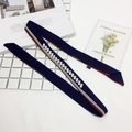 Dark blue skinny silk scarf with rhinestone embellishments and red-white striped edges - Square Rhinestone Stripe Navy Blue