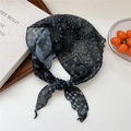 Lightweight black paisley silk neck scarf with white floral patterns and wavy edges - Black Paisley Waterdrop Floral