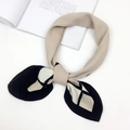 Elegant black and beige color-block cotton linen small square scarf tied in a bow - Korean Style Beige (FJ7016)