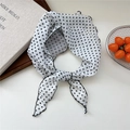 Elegant lightweight silk scarf with classic black polka dots on white background tied as a bow - White Polka Dot