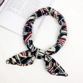 Red and black geometric cotton linen square scarf tied in a stylish bow knot - Maze Pattern (FJ7016)