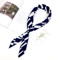 Navy blue geometric pattern skinny silk scarf with black leather silver buckle detail - Geometric Black (FJ7016)