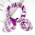 Elegant purple and white striped satin square scarf tied in a stylish knot - Purple White Alternate Stripe Style (5051)