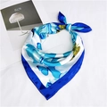 Blue and white satin silk square scarf featuring yellow floral and butterfly patterns - Royal Blue White Base Yellow Floral Butterfly Style (5069)
