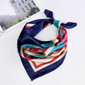 Navy blue geometric satin square scarf with modern color-block stripes on white background - Navy Edge Red Pink Green Geometric Stripe Style (5067)