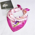 Pink satin square neck scarf with purple floral print and silky finish variant - Light Pink Base Purple Edge Thistle Floral Style (5068)