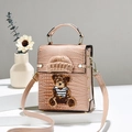 Retro light pink crossbody bag with crocodile texture and cute bear motif decoration - Khaki