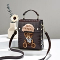 Minimalist crocodile pattern shoulder bag with a bear embroidery and cute knit hat detail - Coffee