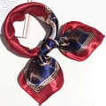 Satin silk square scarf with red and navy patchwork, golden chains and feather patterns - Red Navy Gold Chain Feather Bird Style (5064)