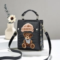 Black crocodile pattern crossbody bag with cute bear patch and mini knitted hat - Black