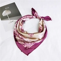 Elegant purple and champagne floral satin silk scarf tied neatly on white fabric - Deep Purple Champagne Gold Floral Style (5063)