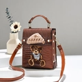 Retro brown crocodile pattern shoulder bag with a cute 3D teddy bear patch and mini hat - Khaki/Earth Yellow