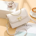 Cream white crossbody square bag with gold buckle and ethnic style wide strap - White