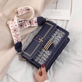 Dark blue square crossbody bag with colorful tweed flap and floral print wide strap - Black