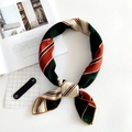 Striped linen-silk blend square scarf in dark green and brick red pattern - Orange & Green Waves