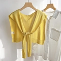 Detail of bright yellow knitted shawl on a white shirt with tie-knot design and soft texture - 43*100CM / Yellow
