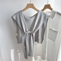 Detail of light grey knitted shawl with front knot tied over a white cotton shirt - 43*100CM / Gray
