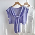Detail of light purple knitted shawl with a front tie and small button on white shirt - 43*100CM / Purple