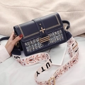 Navy blue tweed crossbody bag with gold floral clasp and embroidered beauty strap - Blue
