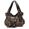 Grande borsa a mano da donna in pelle marrone con motivo a trifoglio, nappe e dettagli oro - Motivo Floreale - Caffè