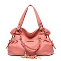 Salmon pink litchi grain leather tote bag with braided handles and tassel details - Dusty Pink