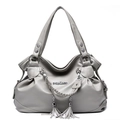 Chic light gray pebbled leather shoulder bag with woven handle and tassel detail - Light Gray
