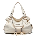Elegant cream white pebbled leather handbag with woven details and stylish long tassels - Off White