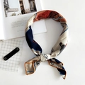 Linen feel square scarf with bird print and navy stripes on ivory satin fabric - Brown Pony Print