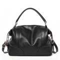 Elegant black lychee grain Boston handbag with adjustable shoulder strap and gold hardware - Black