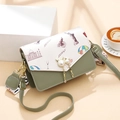 Retro Morandi green crossbody bag with world landmark prints and pearl cat buckle - Green