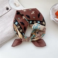 Retro brown and beige printed cotton square scarf tied on a beige linen shirt - 10B Tribal Pattern
