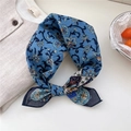 Elegant blue floral cotton neck scarf in vintage style with white and yellow flowers - 11B Triangle Wave Blue