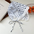 Triangle cotton lace headscarf in white with black geometric patterns and heart lace - Geometric White