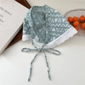 Sage green cotton-linen kerchief with geometric print and white heart lace edging - Geometric Green
