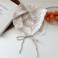 Beige geometric cotton linen triangle scarf with white lace trim and ties - Khaki Round Geometric