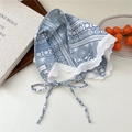 Blue geometric print viscose triangle scarf with white lace trim and adjustable ties - Grid Grey
